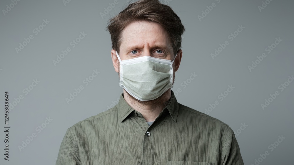 A man wearing a mask looks directly at the camera, suggesting themes of health, safety, and awareness in a minimalist setting. A man wearing a mask looks directly at the camera, suggesting themes of health, safety, and awareness in a minimalist setting.