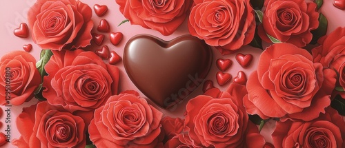 A beautiful arrangement of red roses surrounds a heart-shaped chocolate, perfect for romantic occasions and celebrations of love.