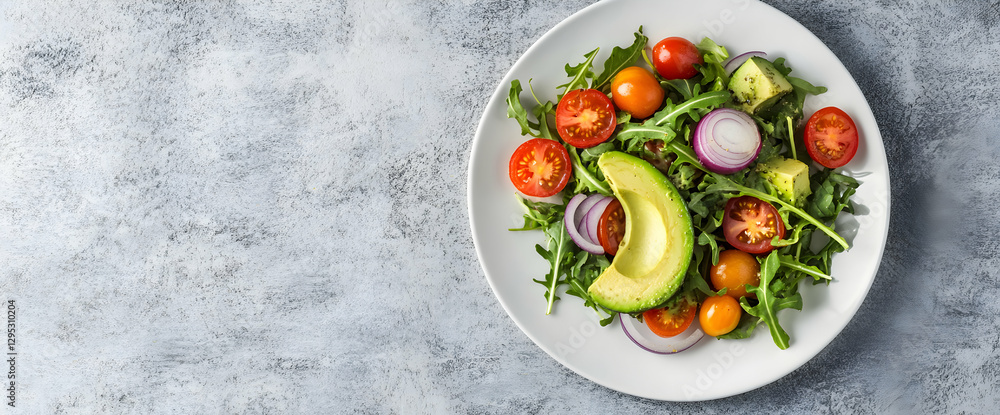 A Vibrant and Appetizing Salad Composition, Fresh Arugula, Cherry Tomatoes, Avocado and Red Onion on a White Plate with Grey Stone Background, Top View A Vibrant and Appetizing Salad Composition, Fresh Arugula, Cherry Tomatoes, Avocado and Red Onion on a White Plate with Grey Stone Background, Top View