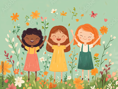 Girls Laughing in the Flower Bush(Children's Day)
