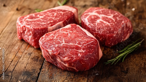 Juicy, marbled cuts of premium beef steak displayed on a rustic wooden surface, garnished with fresh herbs.