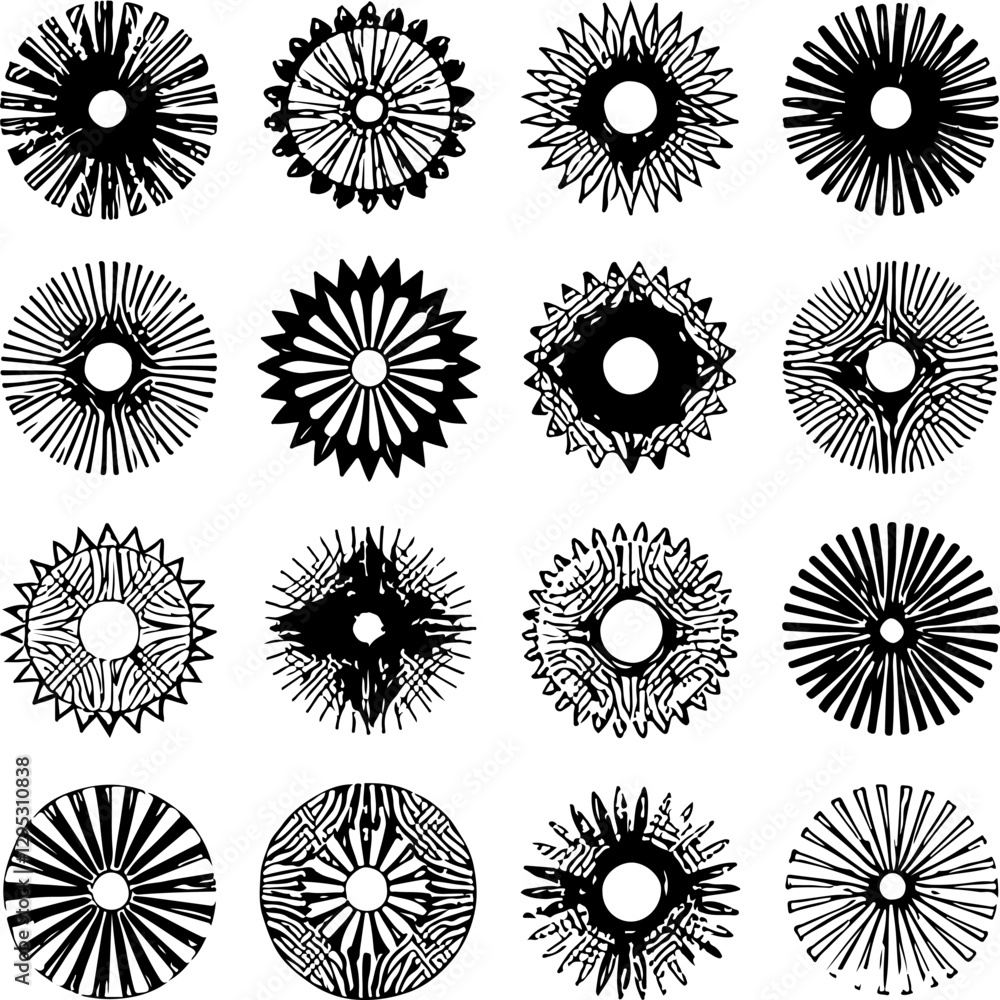 Plakát A grid of sixteen circular designs with radial patterns, varying ...