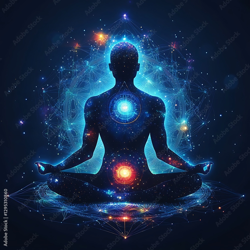 Man meditating in lotus position connected to stars Man meditating in lotus position connected to stars