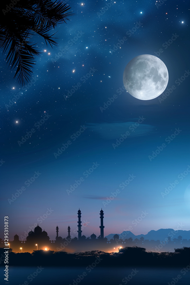 Stunning night view of a mosque with moonlight for ramadan and eid celebrations Stunning night view of a mosque with moonlight for ramadan and eid celebrations