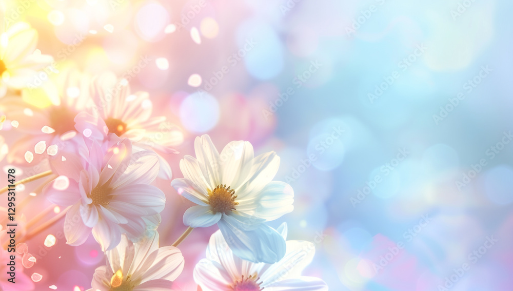 Obraz premium Delicate white daisies with yellow centers against soft pastel background