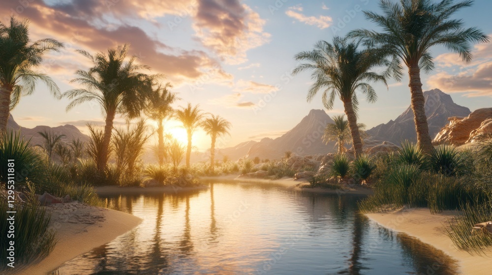 Sunset Oasis: Serene Desert Landscape with Palm Trees and Tranquil Waters Sunset Oasis: Serene Desert Landscape with Palm Trees and Tranquil Waters