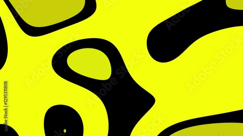 A vibrant abstract design featuring bold black shapes on a bright yellow background, creating a dynamic and eye-catching pattern.