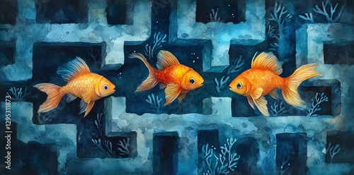 Three Goldfish Swimming Underwater Maze Watercolor Painting