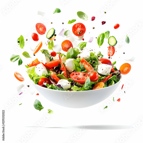 A Vibrant Salad Bowl, Fresh Ingredients in Motion, Showcasing Culinary Delight and Healthy Eating on a Clean White Background for Appetizing Visuals