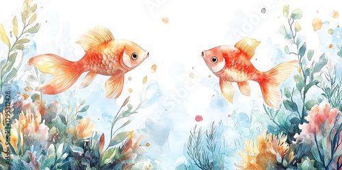 Two Goldfish Watercolor Painting Aquatic Underwater Scene