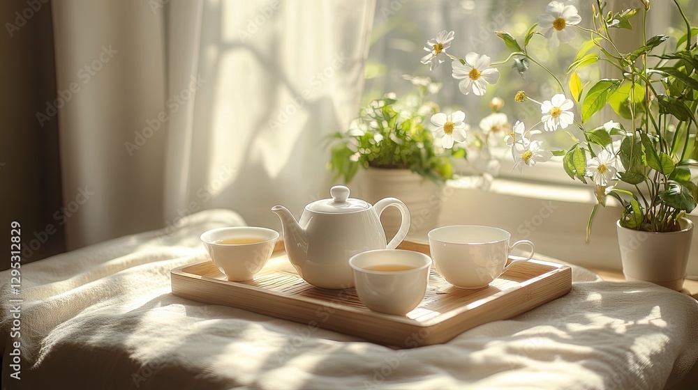Beautiful white ceramic teapot, teacups, and a wooden tray on a cream-colored tablecloth in sunlight. Beautiful white ceramic teapot, teacups, and a wooden tray on a cream-colored tablecloth in sunlight.