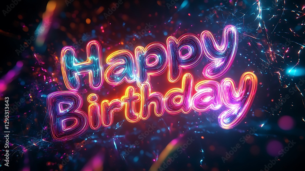 Happy Birthday in bold, iridescent psychedelic style, surrounded by swirling light trails and fractal spirals, glowing letters reflecting vibrant, shifting hues, Happy Birthday in bold, iridescent psychedelic style, surrounded by swirling light trails and fractal spirals, glowing letters reflecting vibrant, shifting hues,