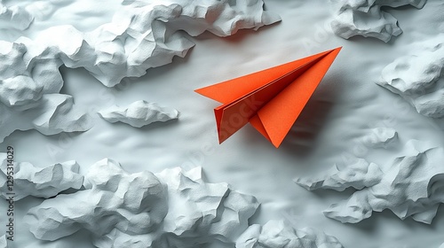 Red paper plane ascending over strategic business blueprint illustrating innovation, creative success, and forward-thinking solutions on a clean white background with ample copy space