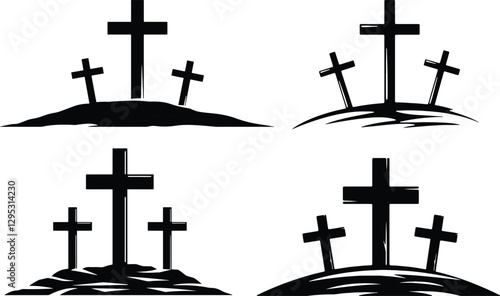 Christian Crosses on Hill - Black and White Vector Illustration