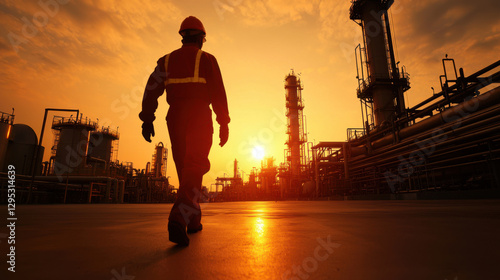 silhouette of engineer walking through oil refinery at sunset, showcasing industrial structures and vibrant sky