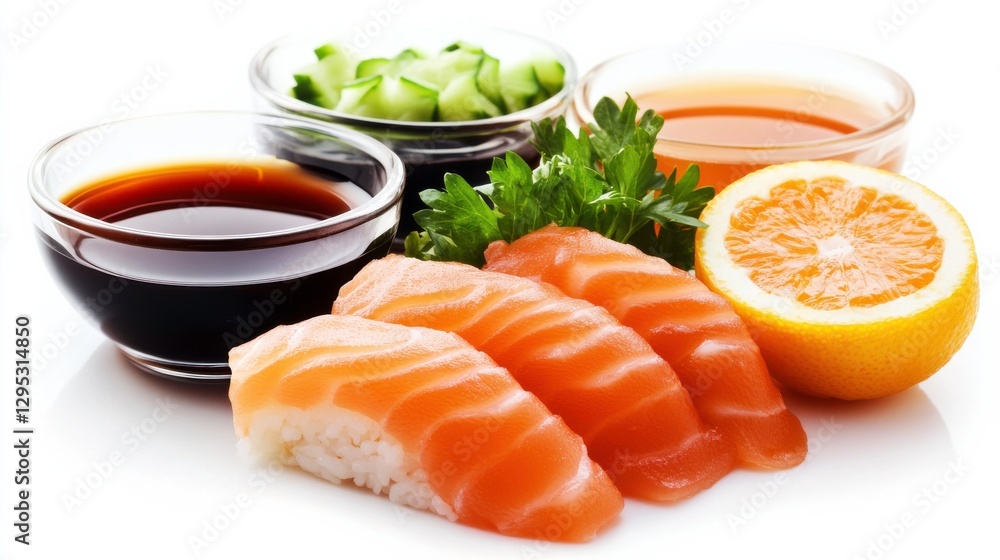Fresh Sashimi with Sauces and Garnishes on White Background Fresh Sashimi with Sauces and Garnishes on White Background