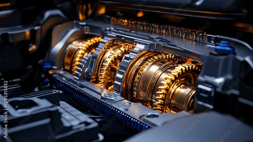 Fototapeta premium Gold Gears Mechanism Component Automotive Engineering Intricate Structure Advanced Tech Closeup 3D Render