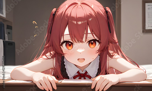 可愛いアニメ少女がベッドの上で微笑むイラスト
