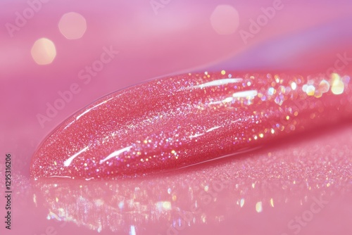 Pink glitter lip gloss smear, close-up. Ideal for beauty, cosmetics, and fashion websites or blogs.
