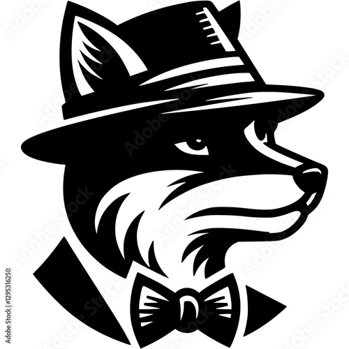 Tattoo of fox detective in a detective hat, classic suit and bow tie in monochrome. Engraving minimalistic vector in black ink drawing on transparent back