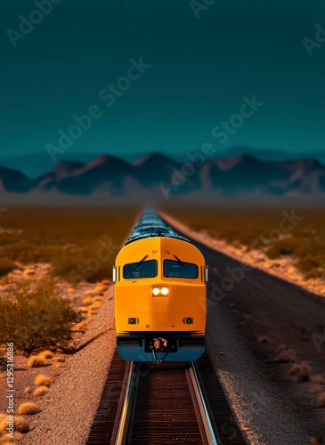 Approaching Horizon Express Locomotive Powering Forward on Desert Tracks Under Teal Sky Scenery photo