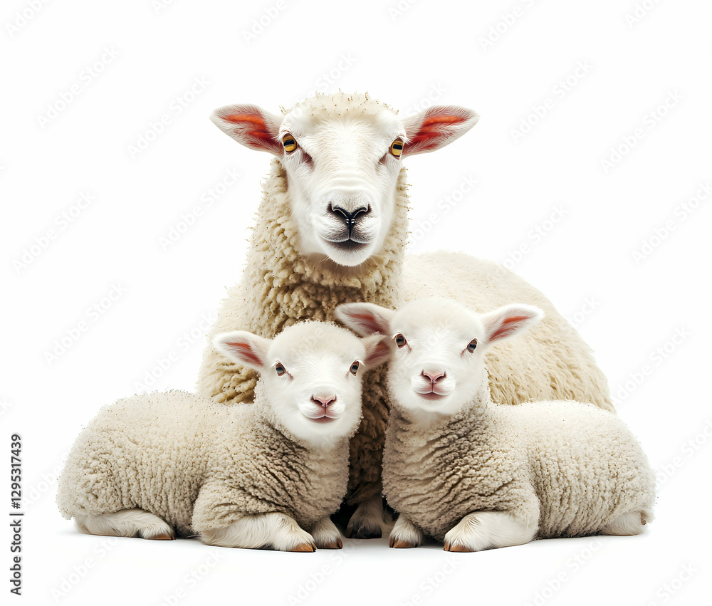 Adorable family portrait of a ewe and her two lambs, showcasing their pristine white fleece against a clean, minimalist white background, perfect for a heartwarming scene Adorable family portrait of a ewe and her two lambs, showcasing their pristine white fleece against a clean, minimalist white background, perfect for a heartwarming scene