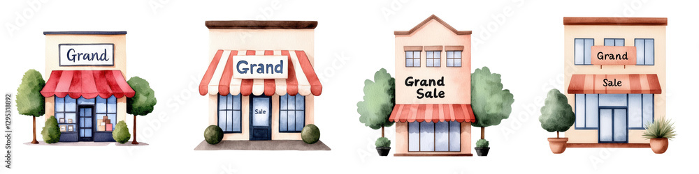 Obraz premium Colorful Illustrations of Boutique Shops with Sale Signs and Canopies