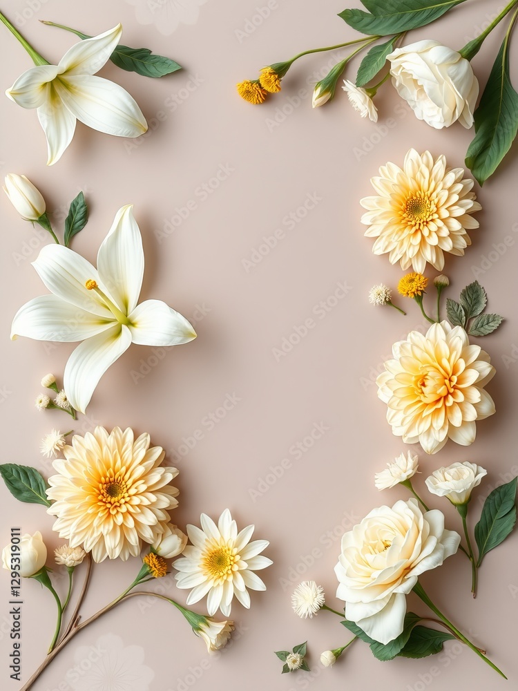 Elegant White and Yellow Flower Arrangement Surrounded by Lush Green Leaves Creating a Vibrant Display Elegant White and Yellow Flower Arrangement Surrounded by Lush Green Leaves Creating a Vibrant Display