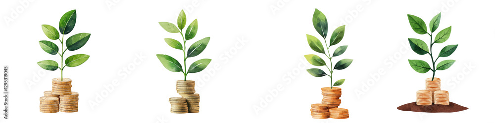Growth Journey of Plants with Coins Representing Prosperity and Savings Growth Journey of Plants with Coins Representing Prosperity and Savings