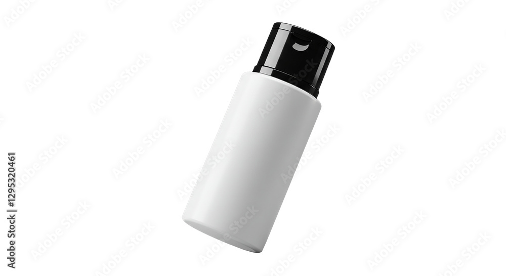 A studio shot of a sleek, white cylindrical cosmetic bottle with a glossy black flip-top cap, floating slightly above the surface, perfectly centered, isolated on a solid contrasting background A studio shot of a sleek, white cylindrical cosmetic bottle with a glossy black flip-top cap, floating slightly above the surface, perfectly centered, isolated on a solid contrasting background