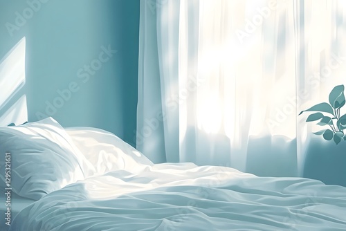 The morning sunshine falls on the warm bed in the bedroom