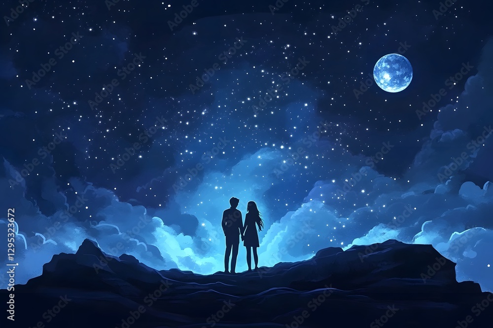 Couple silhouette on the mountaintop under the starry sky Couple silhouette on the mountaintop under the starry sky