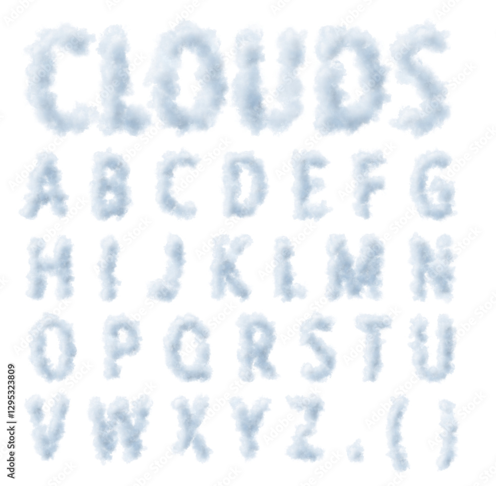 a complete alphabet with letter made of clouds on a clear background. The design is soft, airy, and visually appealing a complete alphabet with letter made of clouds on a clear background. The design is soft, airy, and visually appealing