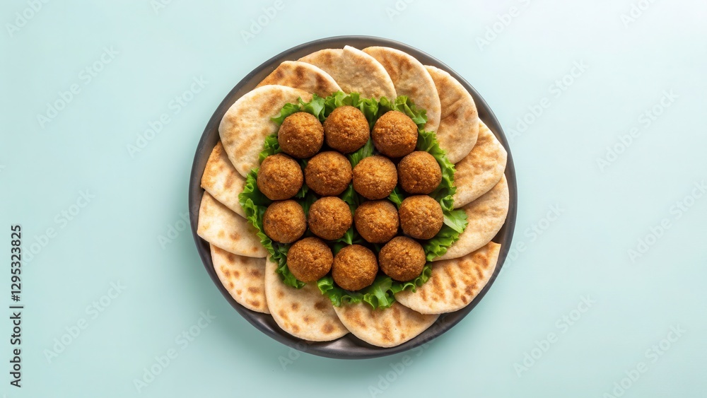 entertainment and party food pastel concept. A plate of falafel served with pita bread and fresh greens against a light background. entertainment and party food pastel concept. A plate of falafel served with pita bread and fresh greens against a light background.