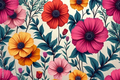 Wallpaper Mural Beautiful Floral Pattern with Vibrant Colors and Detailed Botanical Illustrations Torontodigital.ca