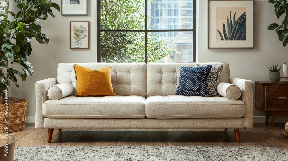 Fototapeta premium Mid-Century Modern Sofa in Beige Fabric with Throw Pillows