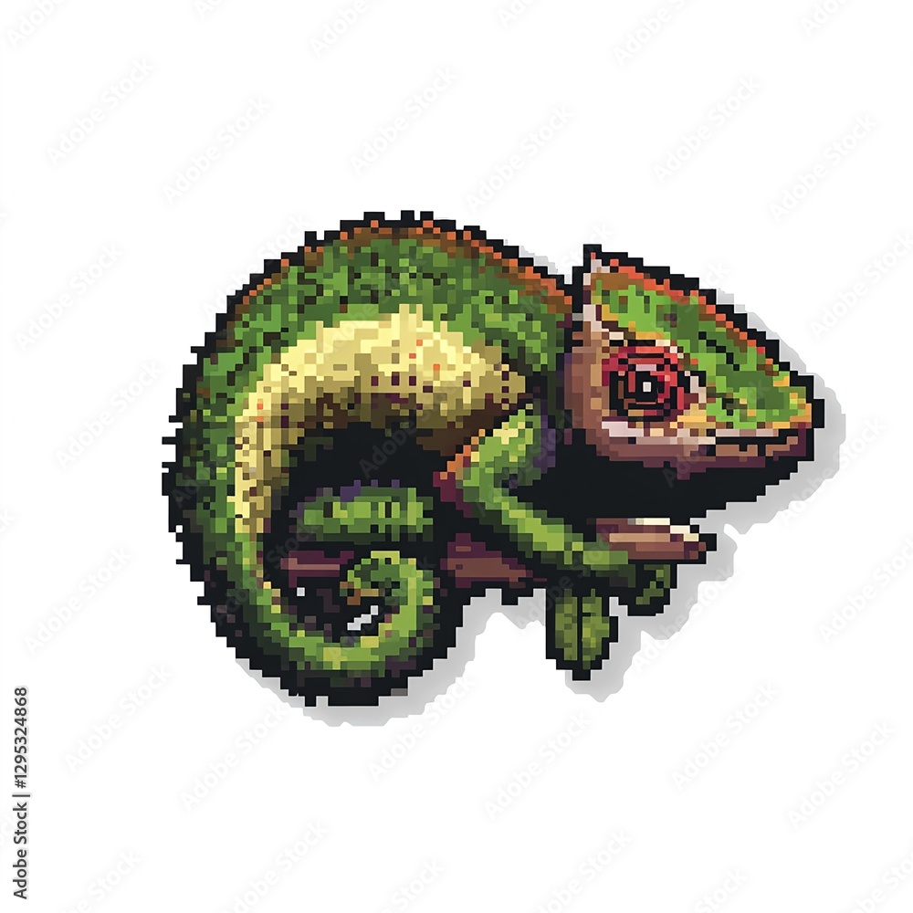 Obraz premium Adorable Pixel Art Chameleon: A Tiny Reptile Resting Serene.