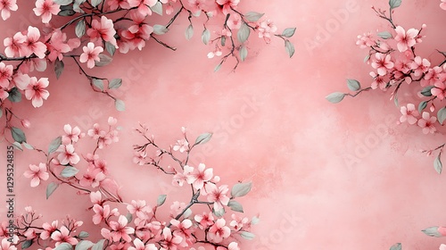 A graceful watercolor scene of cherry blossoms and intertwined vines, featuring soft pastel pink petals and light green leaves on a dusty pink textured backdrop, painted with gentle, precise strokes.