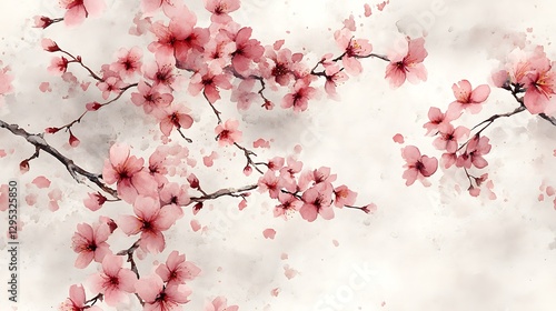 A hand-painted watercolor composition of cherry blossom trails, with soft pastel pink petals scattered elegantly across a dove-gray background, creating a timeless and serene aesthetic.