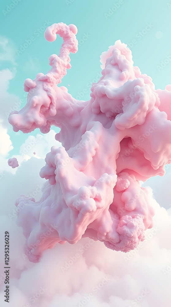 Fototapeta premium Abstract Image, A Photo Manipulation Featuring Surreal Distorted Forms Floating In A Cloudy, Ethereal Dreamscape, Exhibiting Soft Pastel Hues Of Pink, Lavender, And Mint Green.