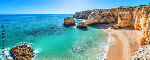 Breathtaking Panorama of Praia da Marinha, Turquoise Waters, Golden Cliffs, and Sandy Beaches Under a Clear Blue Sky in Algarve, Portugal