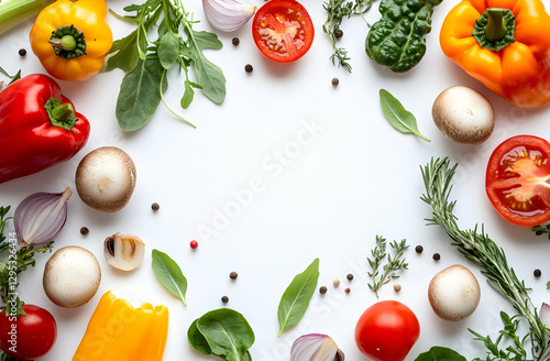 Bright and Fresh, A Colorful Array of Vegetables and Herbs on a White Background Creating a Healthy Eating Concept with Room for Text and Design