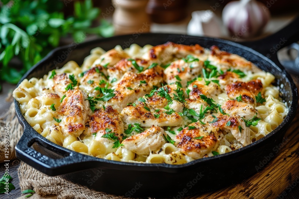 Creamy chicken pasta bake in cast iron skillet. Perfect for recipe blogs, food websites, or restaurant menus showcasing comfort food. Creamy chicken pasta bake in cast iron skillet. Perfect for recipe blogs, food websites, or restaurant menus showcasing comfort food.