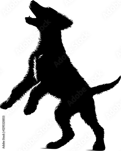 Vector image of a silhouette of a playful dog standing on its hind legs on a transparent background