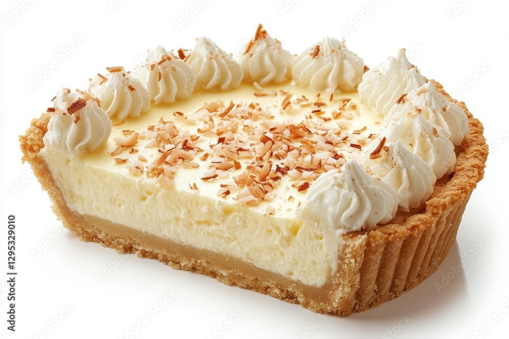 Creamy coconut cream pie slice, topped with whipped cream and toasted coconut flakes. Perfect for dessert menus, blogs, or culinary websites showcasing delicious treats. Creamy coconut cream pie slice, topped with whipped cream and toasted coconut flakes. Perfect for dessert menus, blogs, or culinary websites showcasing delicious treats.