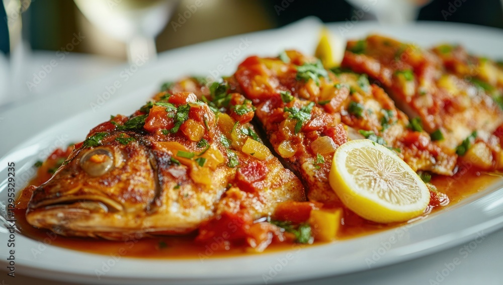 Roasted fish with tomato sauce and lemon. Roasted fish with tomato sauce and lemon.