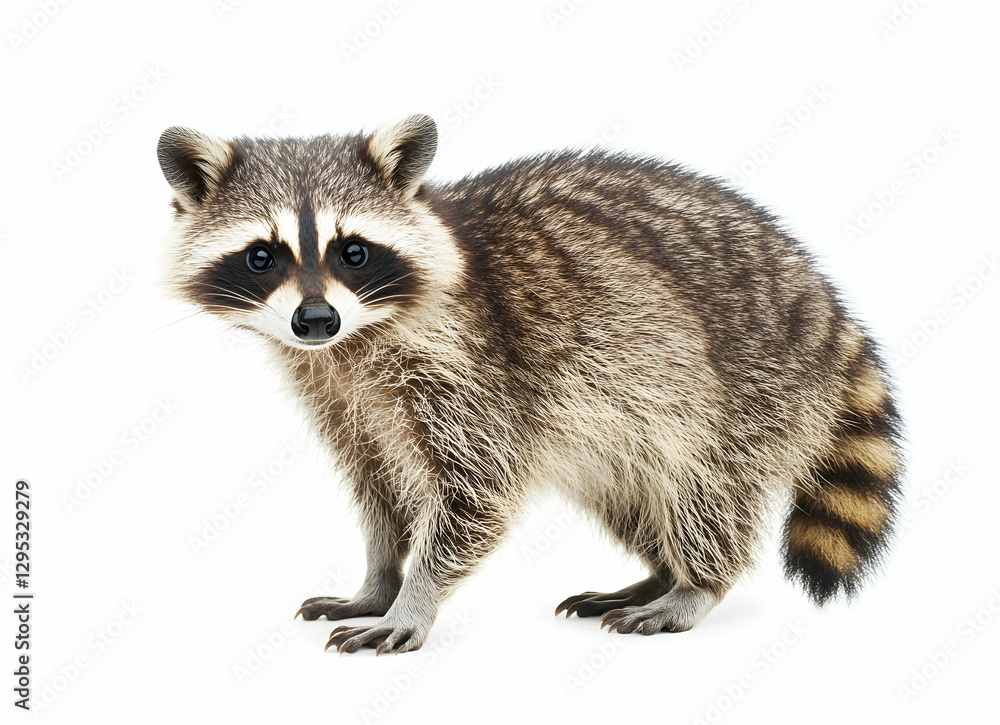 Naklejka premium Captivating portrait of a raccoon standing alert against a pristine white background, revealing its intricate fur and expressive eyes, capturing wildlife beauty