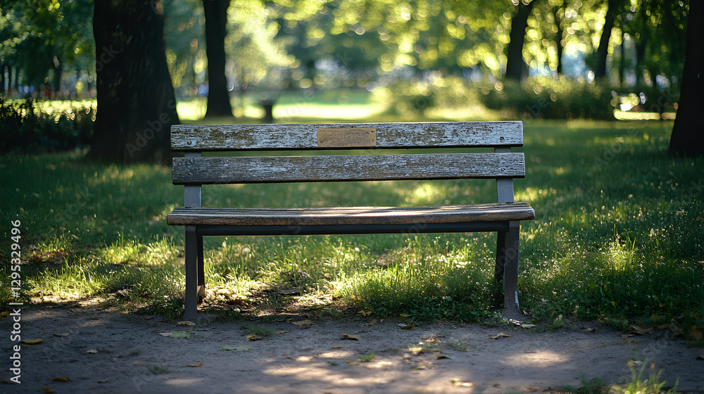 Captivating Serenity, An Aged Wooden Bench Bathed in Sunlight in a Green Park, Offering a Tranquil Escape for Nature Lovers and Solitude Seekers Captivating Serenity, An Aged Wooden Bench Bathed in Sunlight in a Green Park, Offering a Tranquil Escape for Nature Lovers and Solitude Seekers