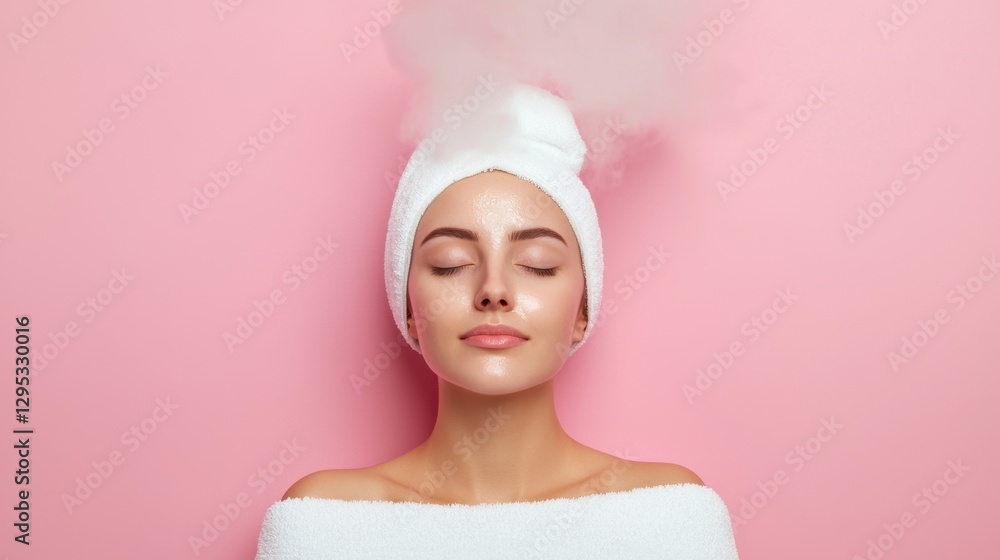 A serene woman with closed eyes, wrapped in a towel, enjoys a facial steam treatment against a soft pink background. A serene woman with closed eyes, wrapped in a towel, enjoys a facial steam treatment against a soft pink background.