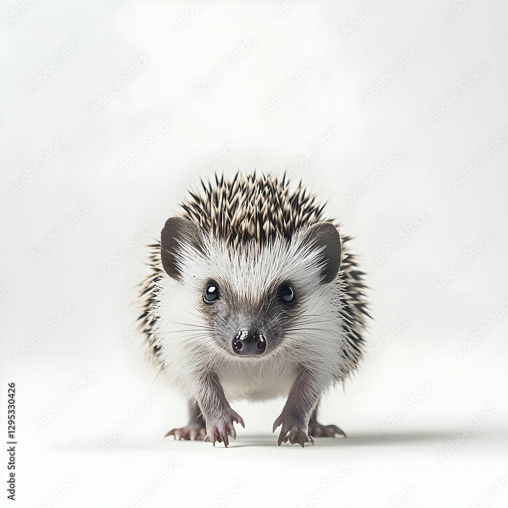 Fototapeta premium Charming Hedgehog Portrait, Captivating Close-Up of a Spiky Friend on a Bright White Background, Perfect for Nature and Wildlife Enthusiasts, Stock Photography